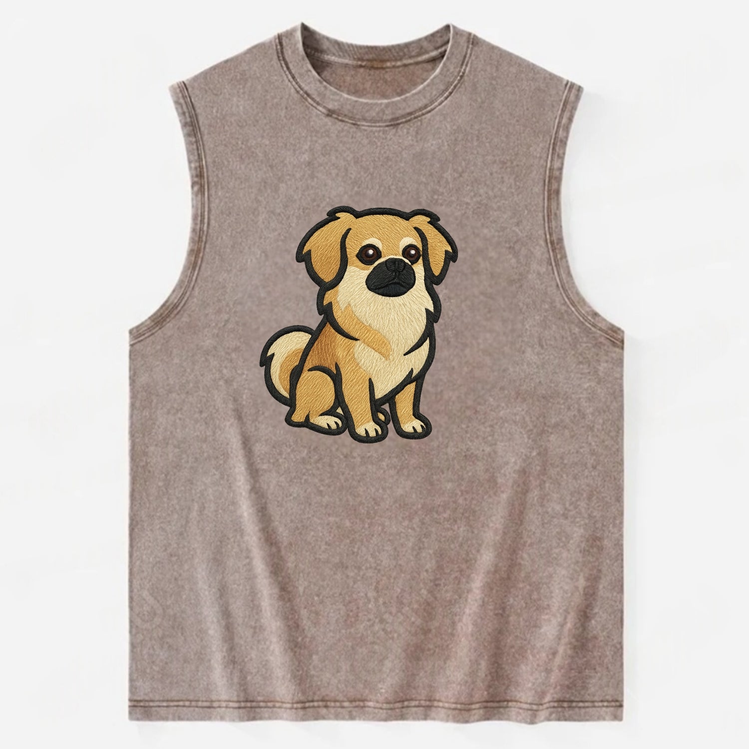 Tibetan Spaniel - Fawn small dog embroidered design - Vintage Washed Tank - Brown