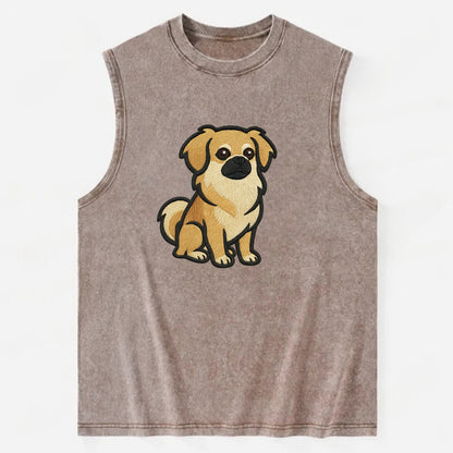 Tibetan Spaniel - Fawn small dog embroidered design - Vintage Washed Tank - Brown
