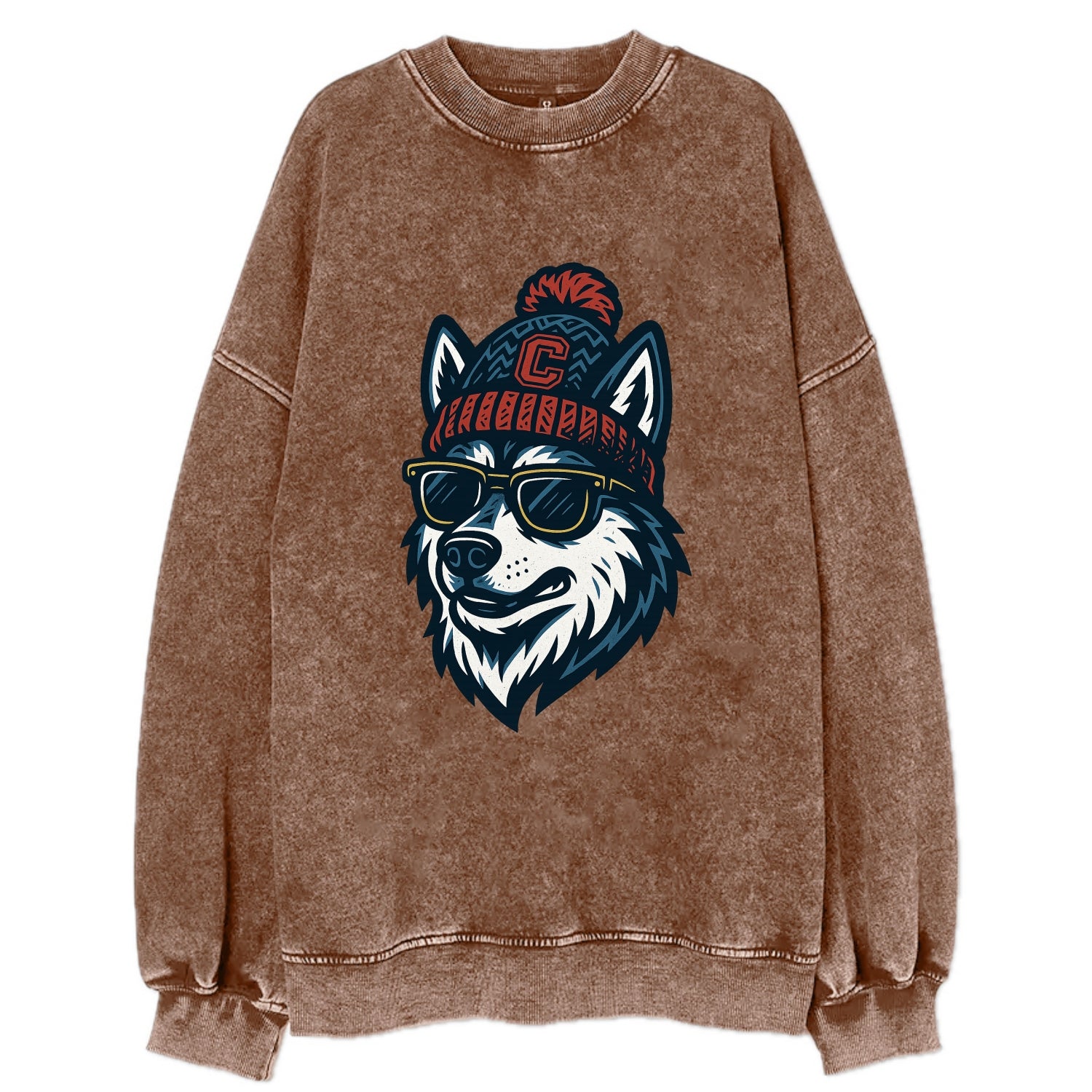 Storrs Husky wearing UConn beanie with C patch - Vintage Sweatshirt - Brown