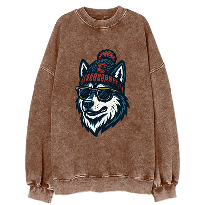 Storrs Husky wearing UConn beanie with C patch - Vintage Sweatshirt - Brown