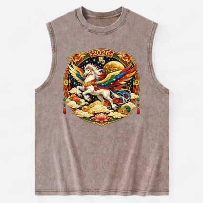 CELESTIAL HORSE | Heavenly horse among clouds and stars | Wings of flowing - Vintage Washed Tank - Brown