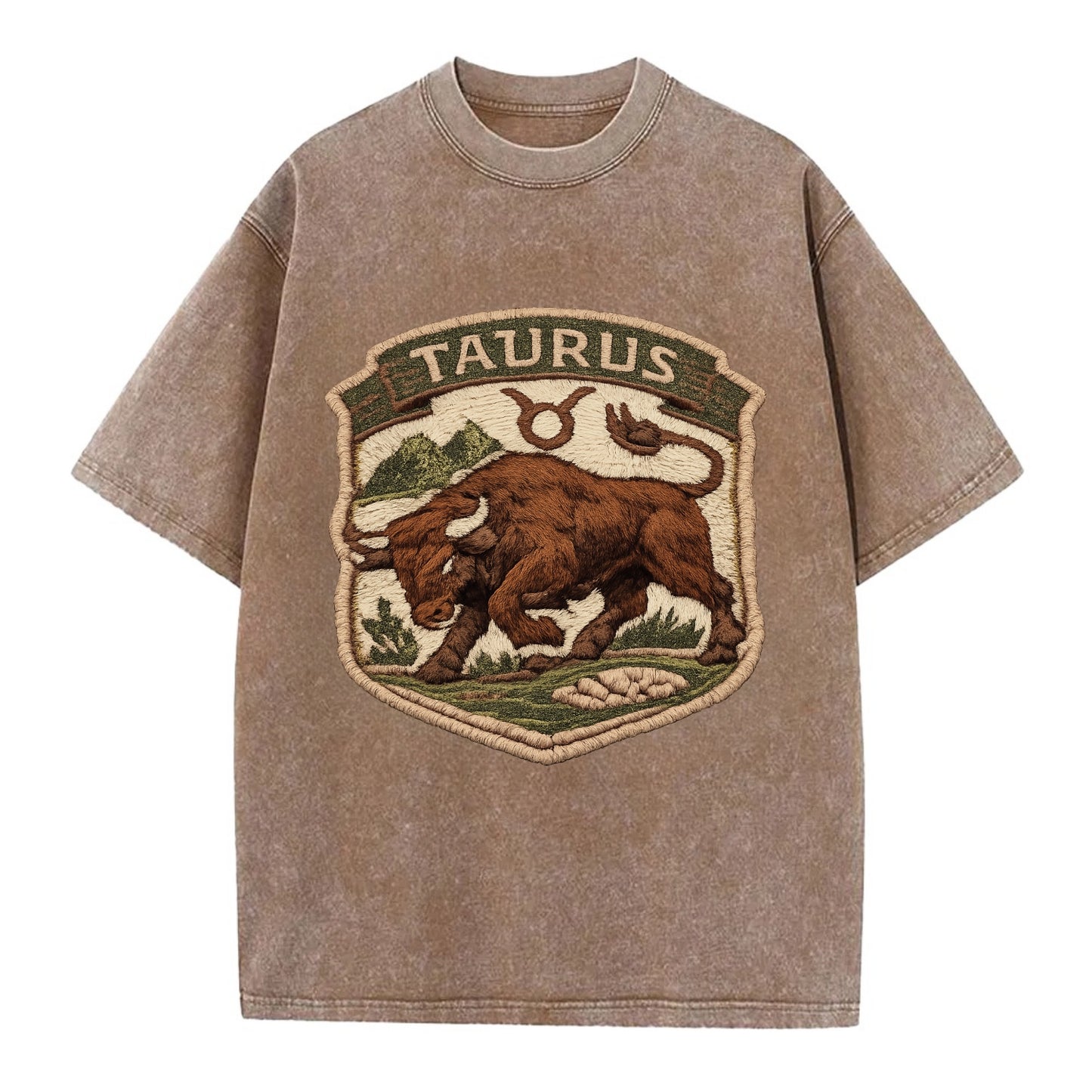 TAURUS BULL - strong bull in brown and green , earth sign - Vintage T-shirt - Brown