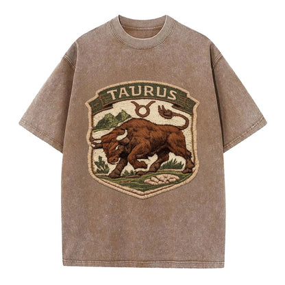 TAURUS BULL - strong bull in brown and green , earth sign - Vintage T-shirt - Brown