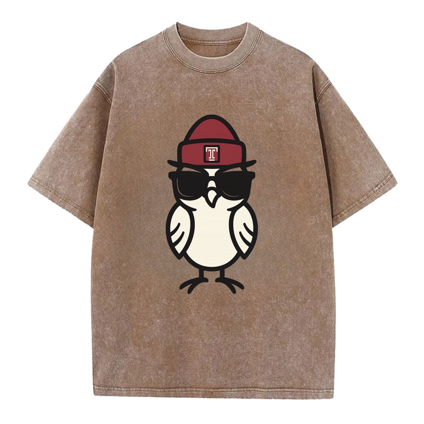 Philadelphia Owl wearing Temple beanie with T patch - Vintage T-shirt - Brown