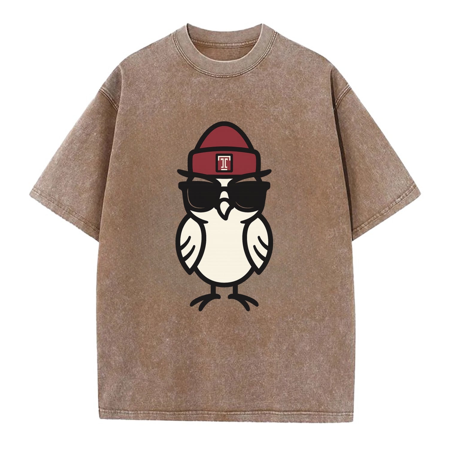 Philadelphia Owl wearing Temple beanie with T patch - Vintage T-shirt - Brown