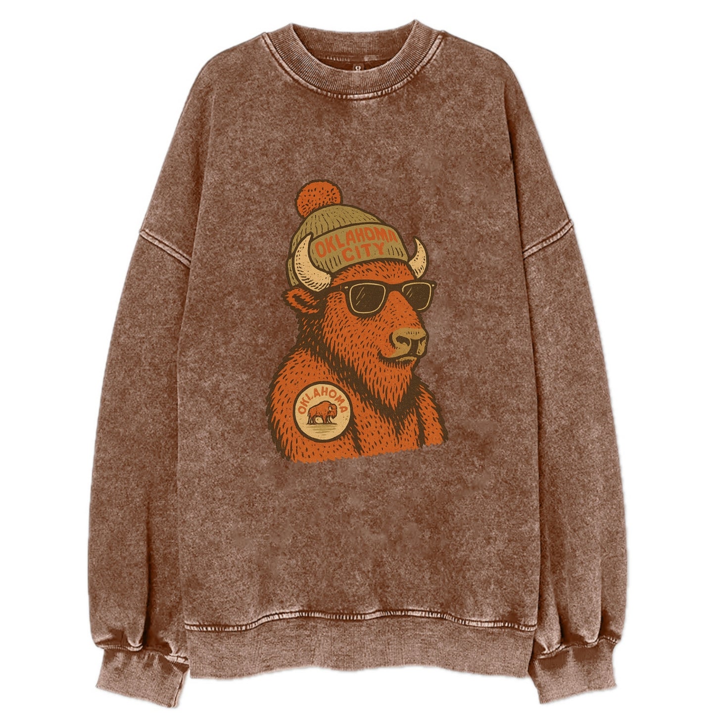 Oklahoma Buffalo wearing Oklahoma City beanie with pom pom and wayfarer - Vintage Sweatshirt - Brown