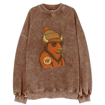 Oklahoma Buffalo wearing Oklahoma City beanie with pom pom and wayfarer - Vintage Sweatshirt - Brown