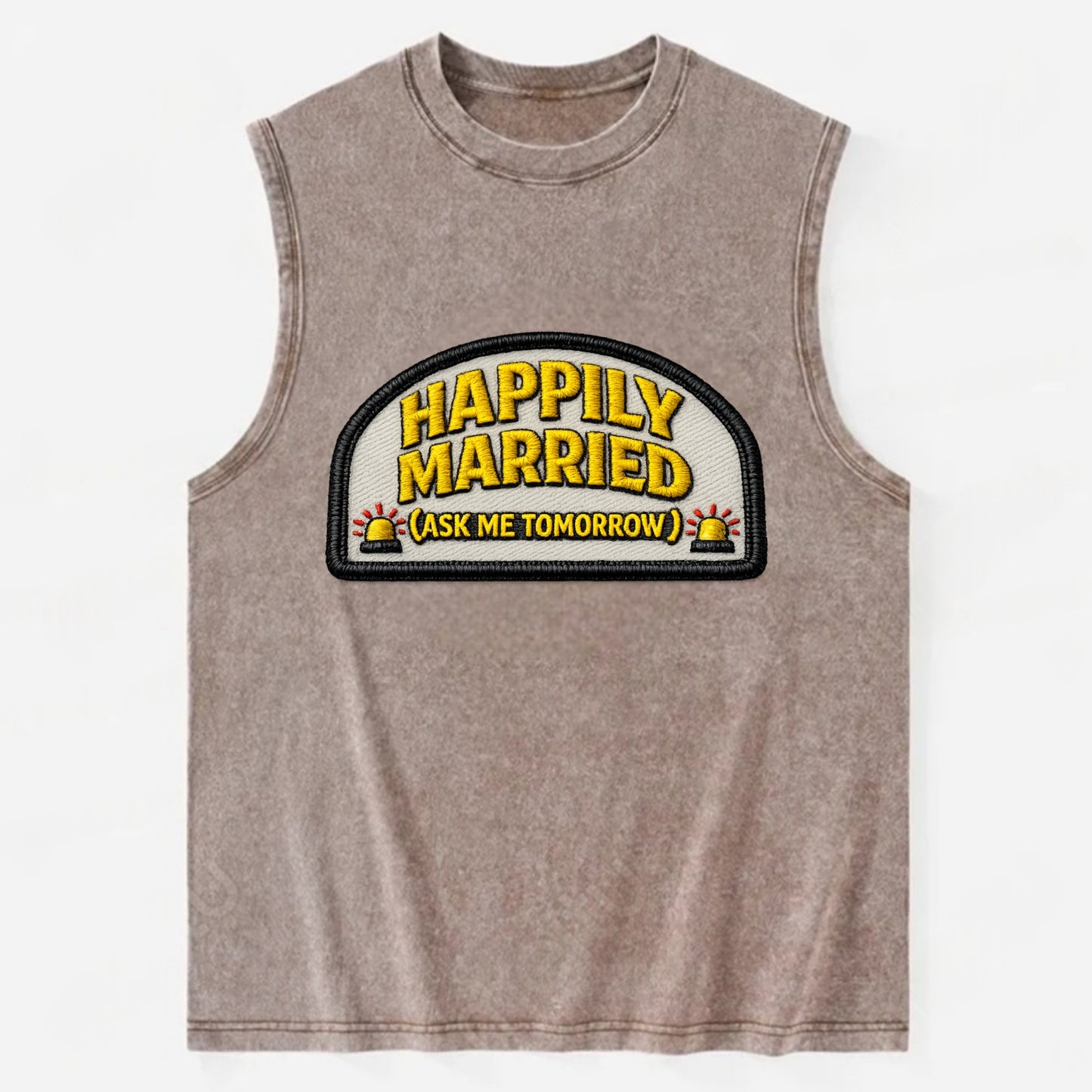 HAPPILY MARRIED  - yellow ask tomorrow - yellow - marital flux - Vintage Washed Tank - Brown
