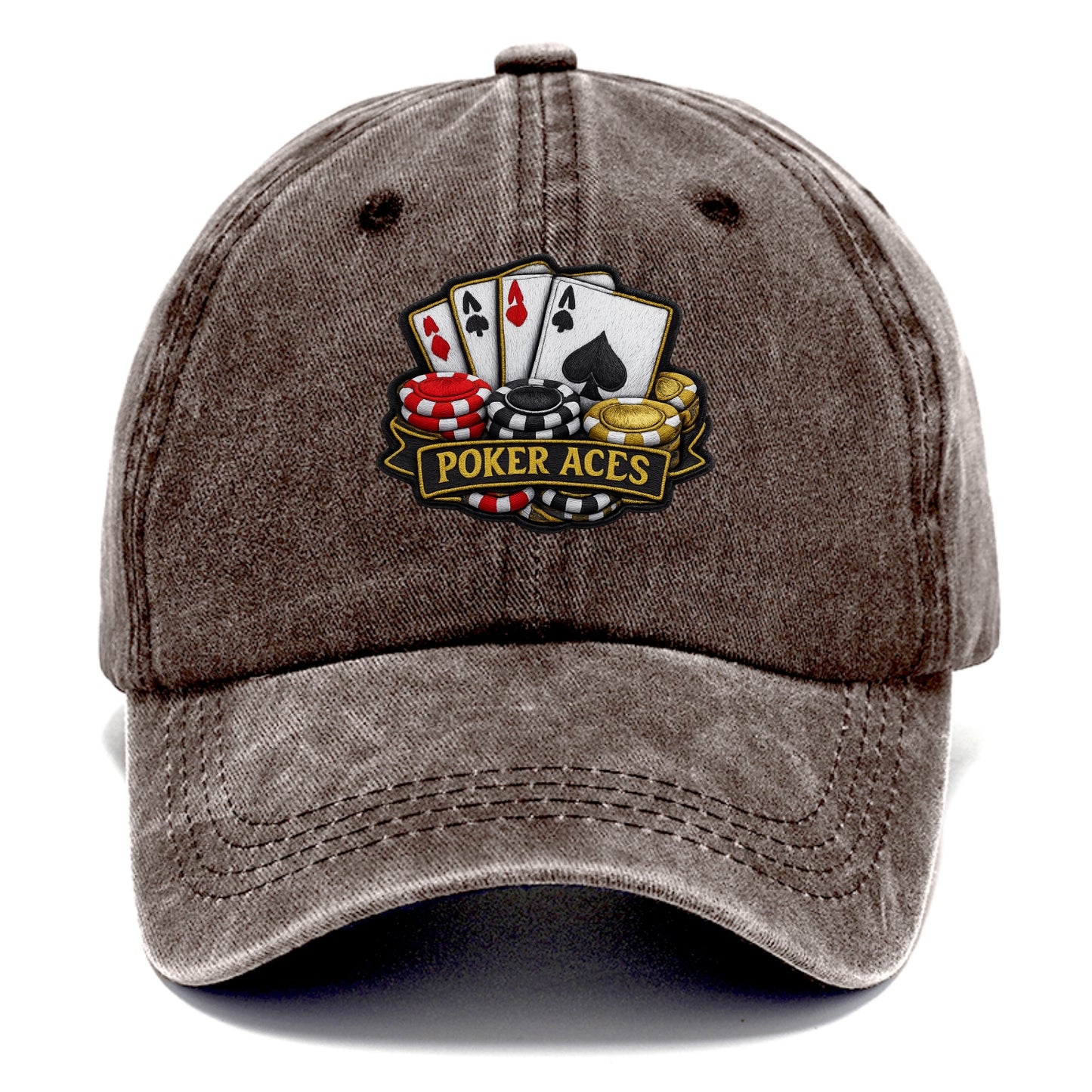 Embroidered patch design - POKER ACES - four aces with chips in red, black and gold - Classic Cap - Brown