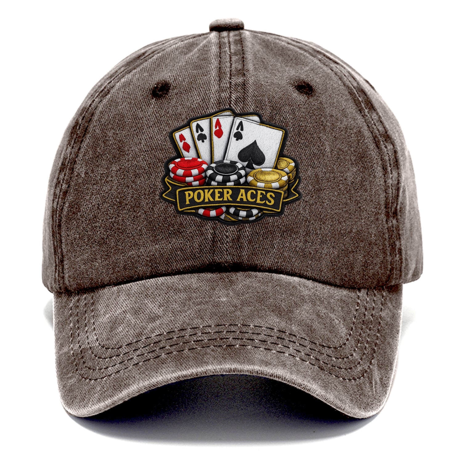 Embroidered patch design - POKER ACES - four aces with chips in red, black and gold - Classic Cap - Brown