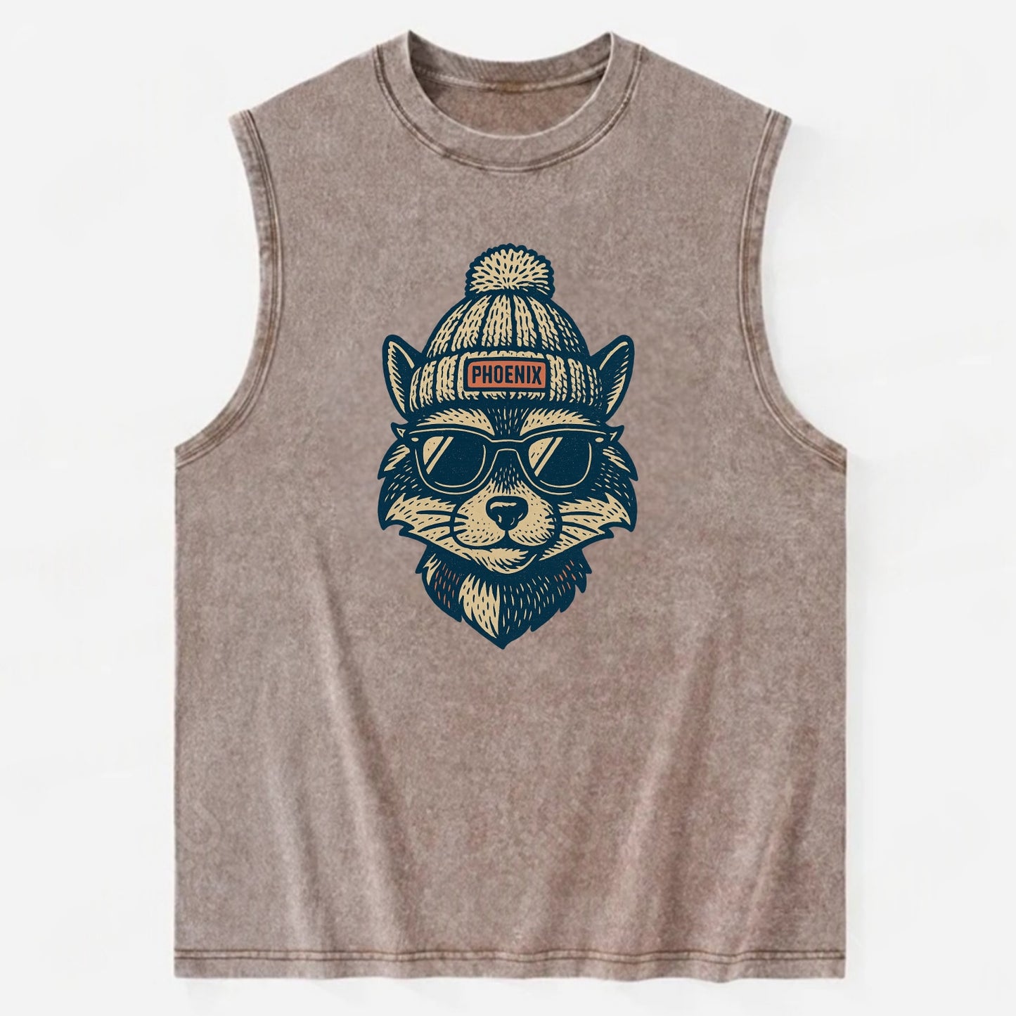Arizona Ringtail wearing Phoenix beanie with pom pom and wayfarer sunglasses - Vintage Washed Tank - Brown