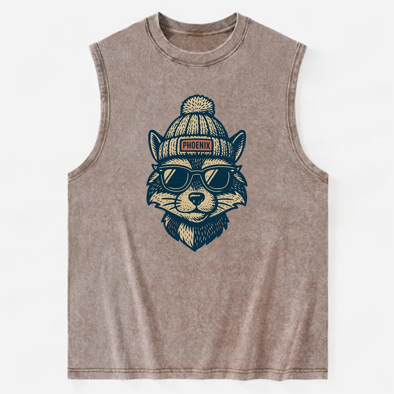 Arizona Ringtail wearing Phoenix beanie with pom pom and wayfarer sunglasses - Vintage Washed Tank - Brown