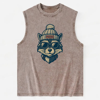 Arizona Ringtail wearing Phoenix beanie with pom pom and wayfarer sunglasses - Vintage Washed Tank - Brown