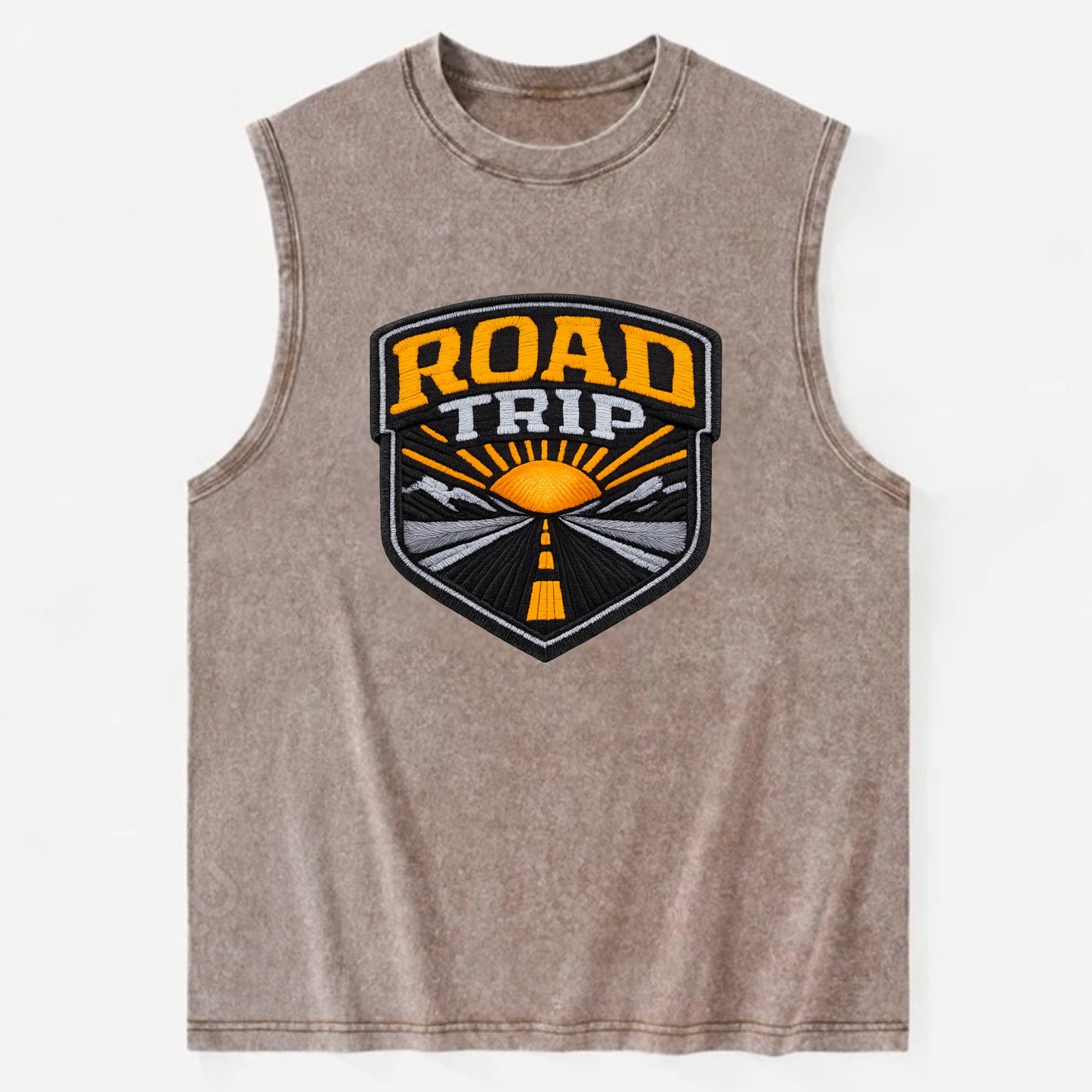 ROAD TRIP - highway and sun in orange and gray , open road - Vintage Washed Tank - Brown