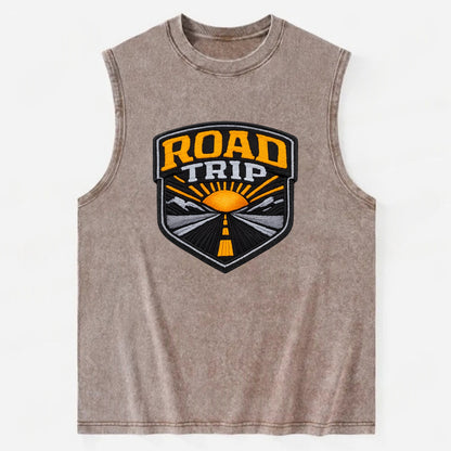 ROAD TRIP - highway and sun in orange and gray , open road - Vintage Washed Tank - Brown