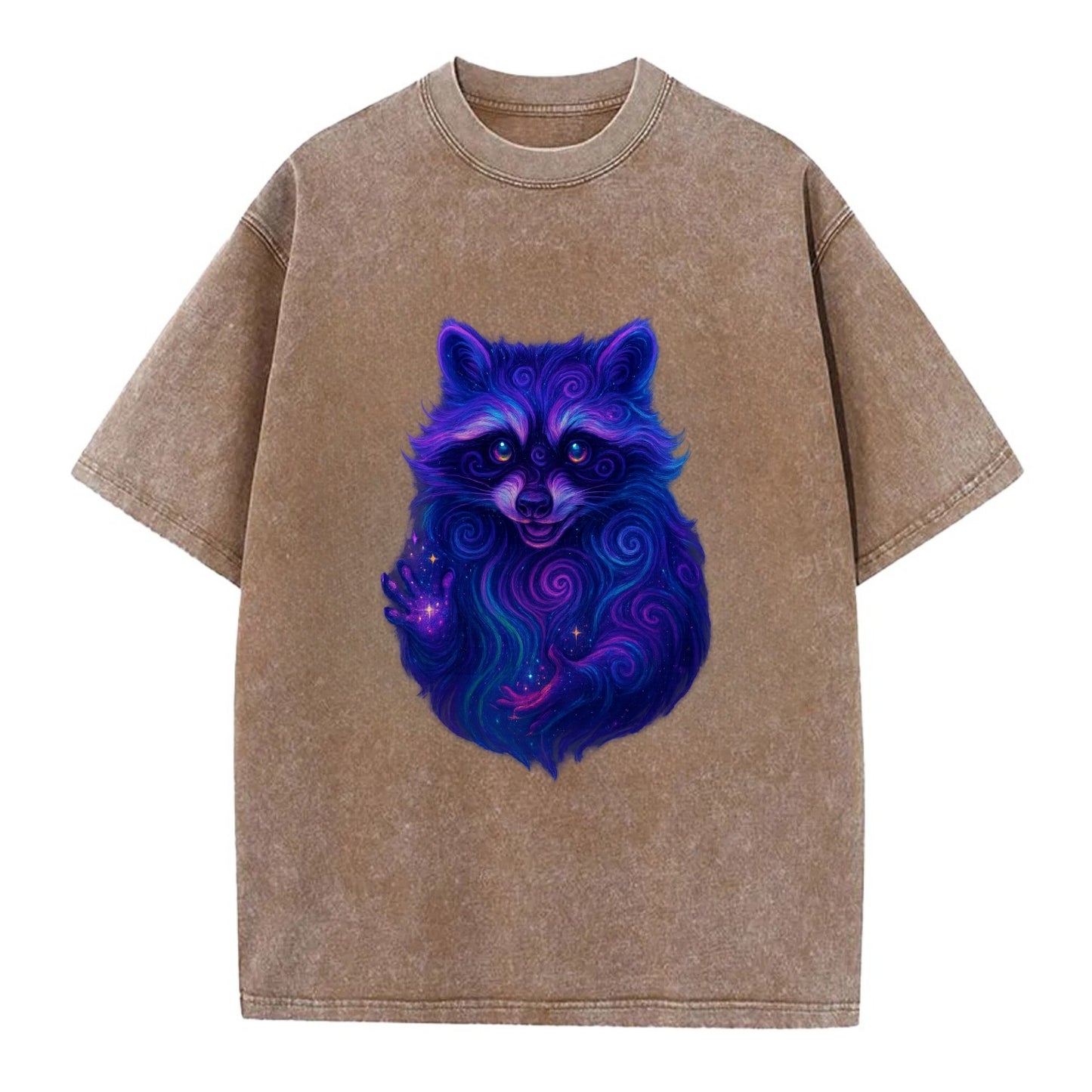 Playful raccoon with mask swirling in hypnotic patterns, neon purple and green - Vintage T-shirt - Brown