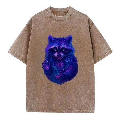 Playful raccoon with mask swirling in hypnotic patterns, neon purple and green - Vintage T-shirt - Brown