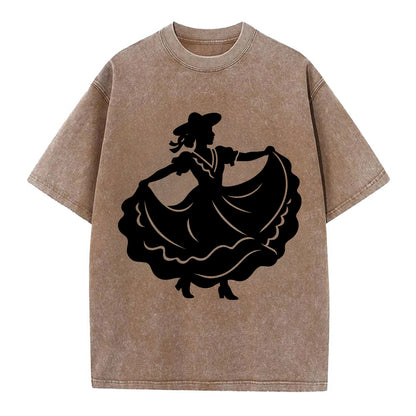 Mexican folk dancer twirling skirt - Vintage T-shirt - Brown