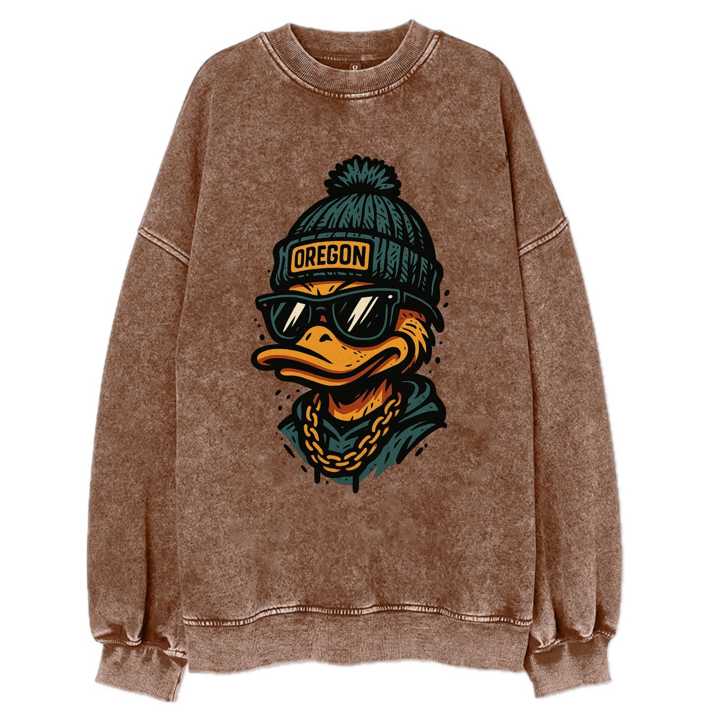 Eugene Duck wearing Oregon beanie with p - Vintage Sweatshirt - Brown
