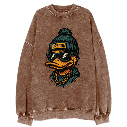 Eugene Duck wearing Oregon beanie with p - Vintage Sweatshirt - Brown