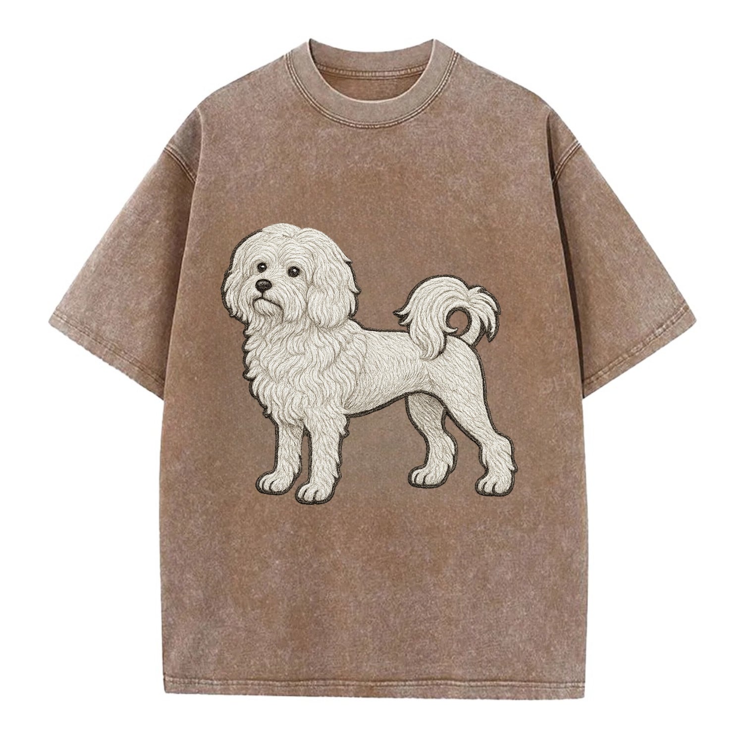 Löwchen - Little Lion Dog white embroidered pose - Vintage T-shirt - Brown