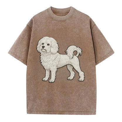 Löwchen - Little Lion Dog white embroidered pose - Vintage T-shirt - Brown