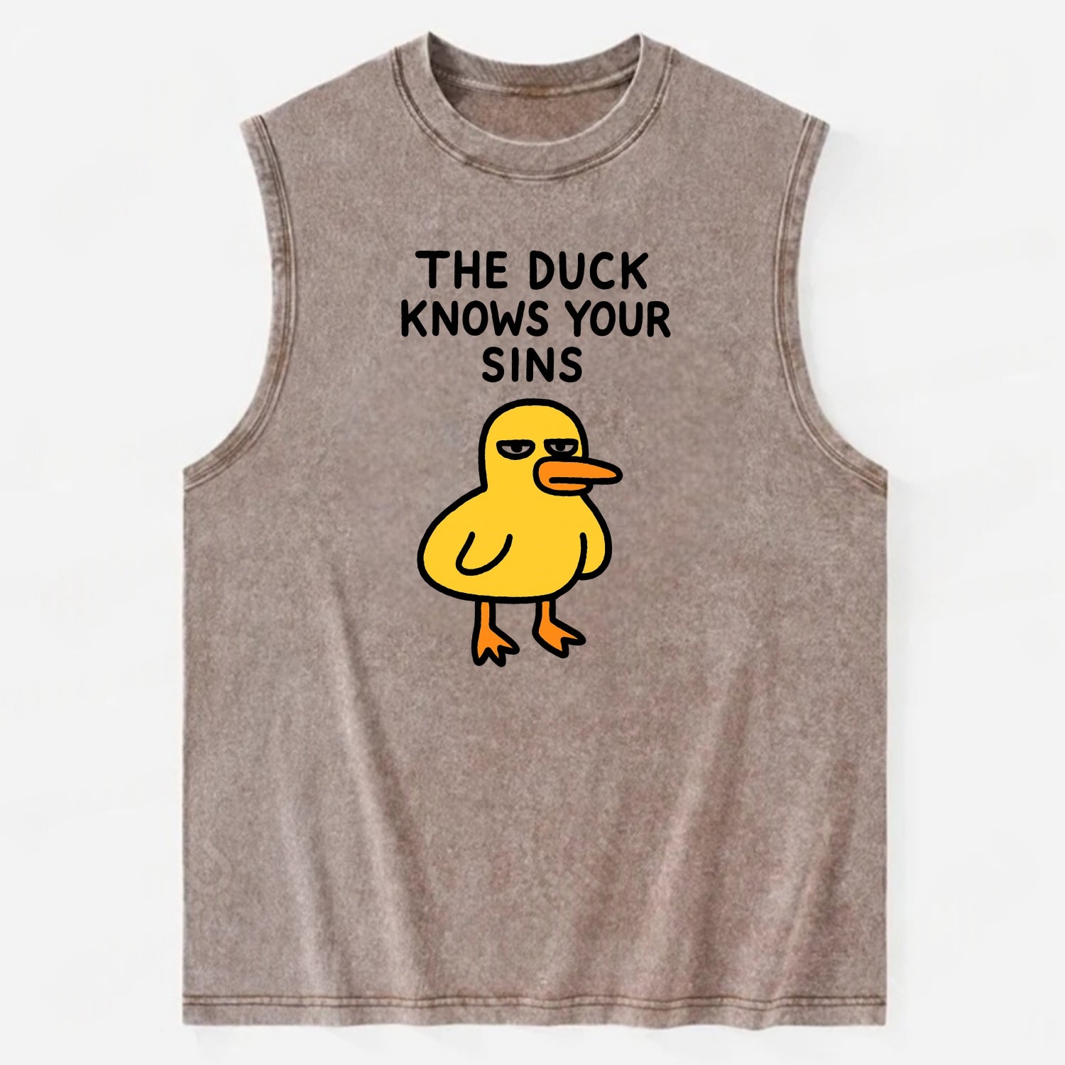 THE DUCK KNOWS YOUR SINS | Yellow duck with judgmental stare - Vintage Washed Tank - Brown