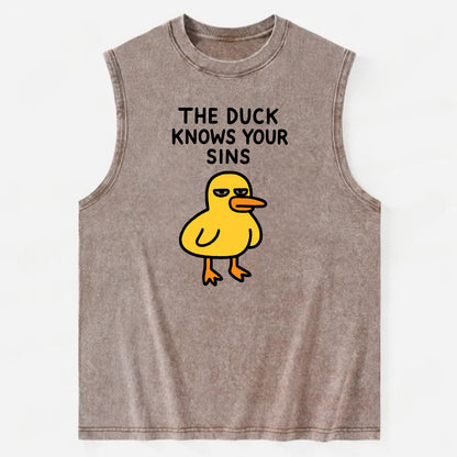 THE DUCK KNOWS YOUR SINS | Yellow duck with judgmental stare - Vintage Washed Tank - Brown
