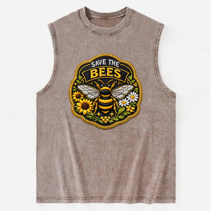 SAVE THE BEES - bee with flowers in yellow , pollinator protection - Vintage Washed Tank - Brown
