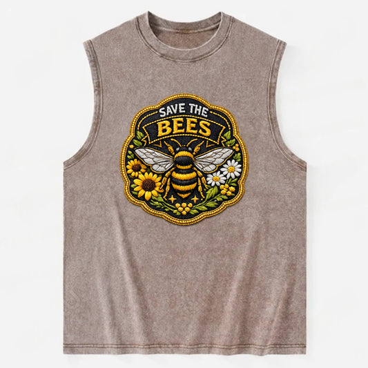 SAVE THE BEES - bee with flowers in yellow , pollinator protection - Vintage Washed Tank - Brown