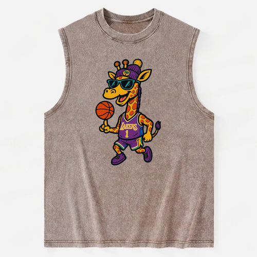 California Giraffe wearing Lakers beanie with palm tree patch and wayfarer - Vintage Washed Tank