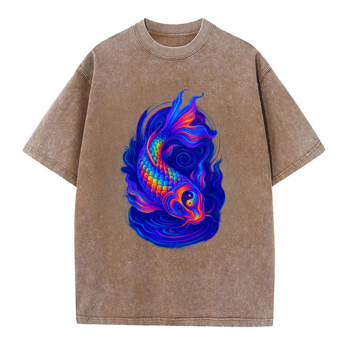 Sacred koi with scales reflecting rainbow prisms, yin-yang patterns in cosmic - Vintage T-shirt - Brown
