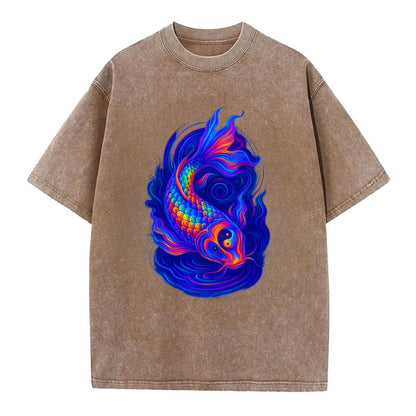 Sacred koi with scales reflecting rainbow prisms, yin-yang patterns in cosmic - Vintage T-shirt - Brown