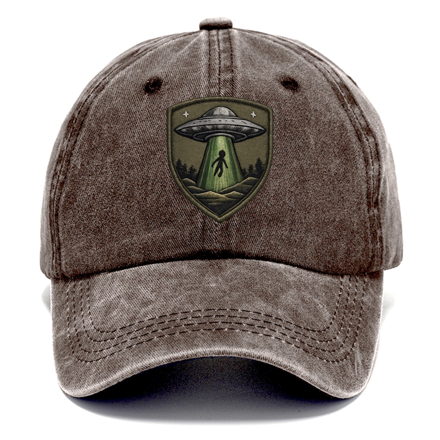 UFO ALIEN - flying saucer with beam in silver and green , extraterrestrial - Classic Cap - Brown