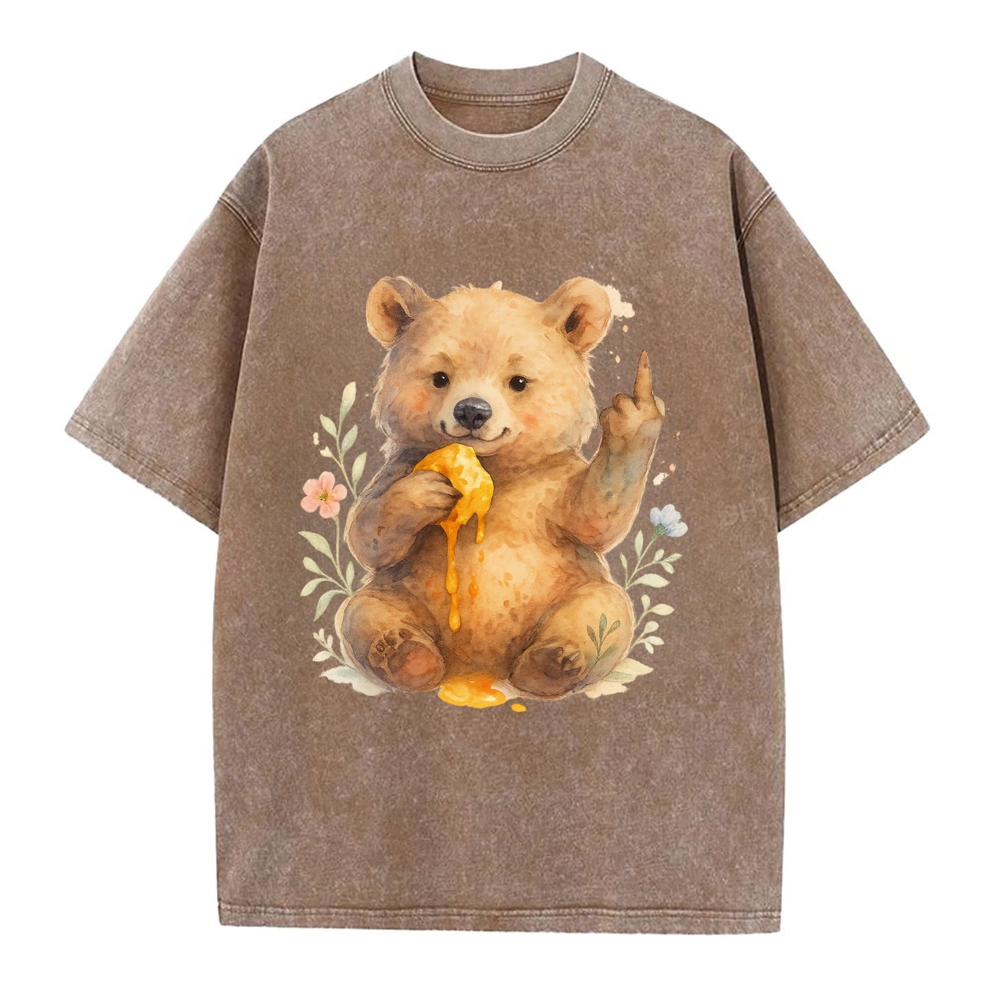 chubby bear cub eating dripping honey, sticky paw up with middle finger - Vintage T-shirt - Brown