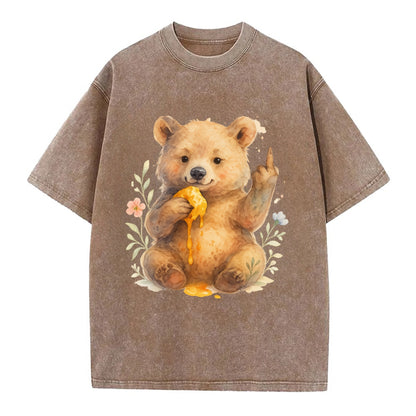 chubby bear cub eating dripping honey, sticky paw up with middle finger - Vintage T-shirt - Brown