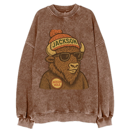 Jackson Hole Bison wearing Jackson beanie with pom pom and wayfarer sunglasses - Vintage Sweatshirt - Brown