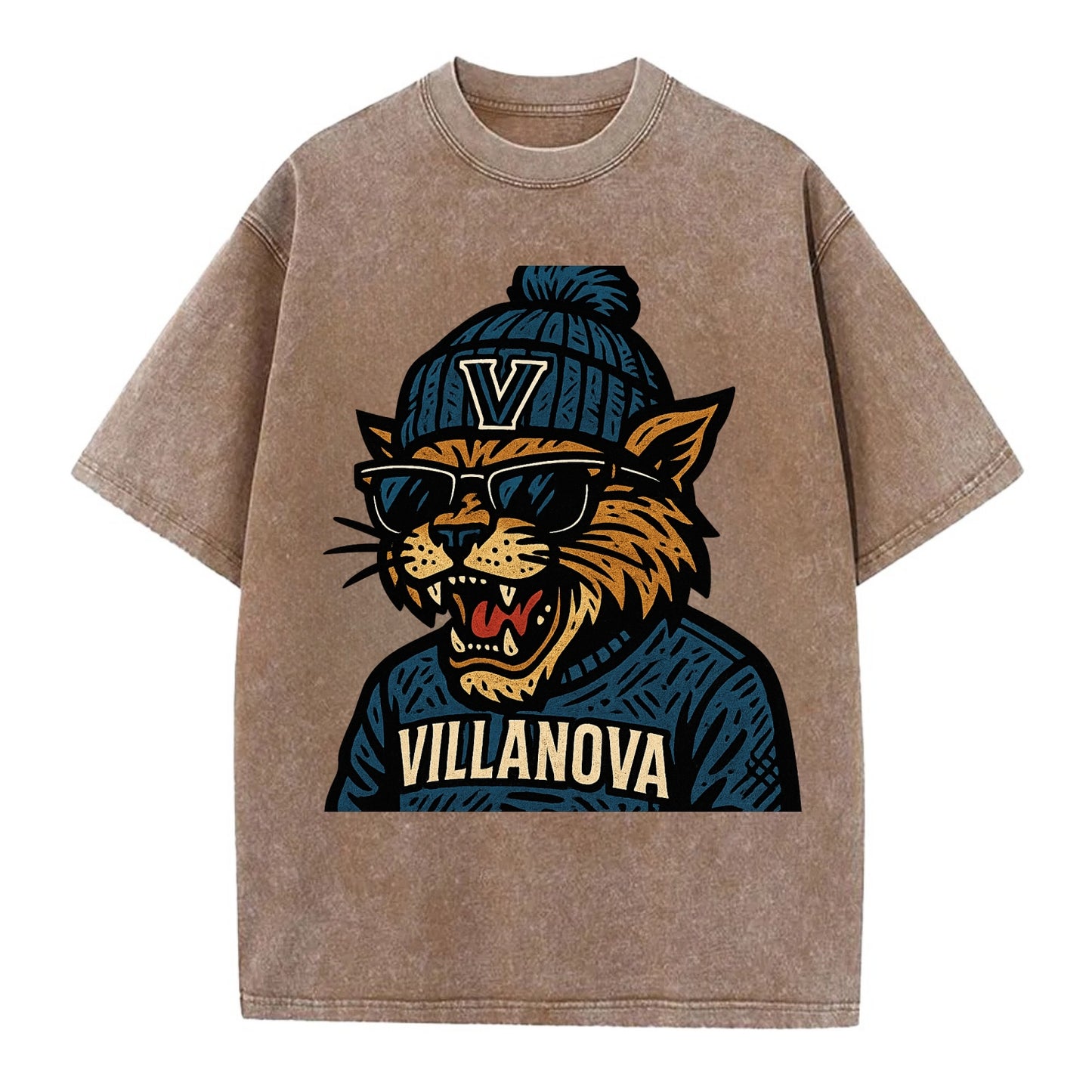 Villanova Wildcat wearing Villanova beanie with V patch - Vintage T-shirt - Brown