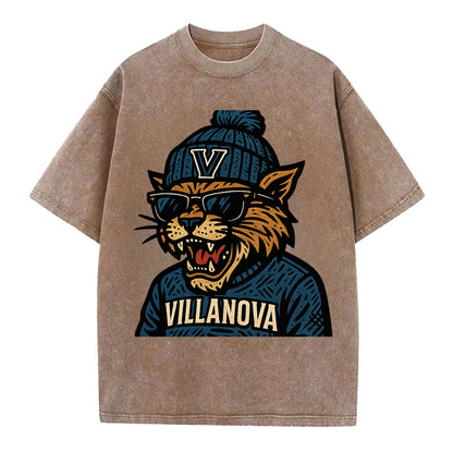 Villanova Wildcat wearing Villanova beanie with V patch - Vintage T-shirt - Brown