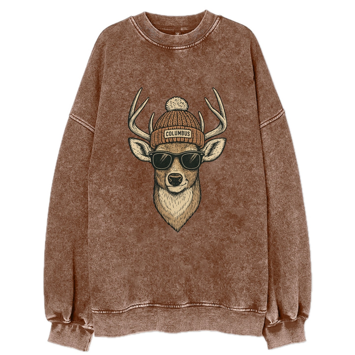 Ohio White-tailed Deer wearing Columbus beanie with pom pom and wayfarer - Vintage Sweatshirt - Brown