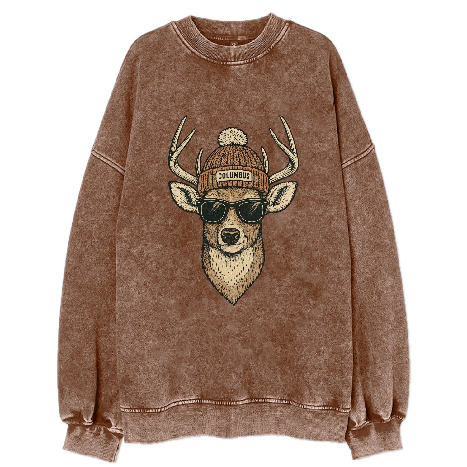 Ohio White-tailed Deer wearing Columbus beanie with pom pom and wayfarer - Vintage Sweatshirt - Brown