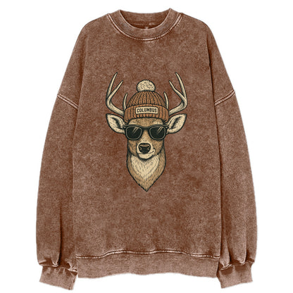 Ohio White-tailed Deer wearing Columbus beanie with pom pom and wayfarer - Vintage Sweatshirt - Brown