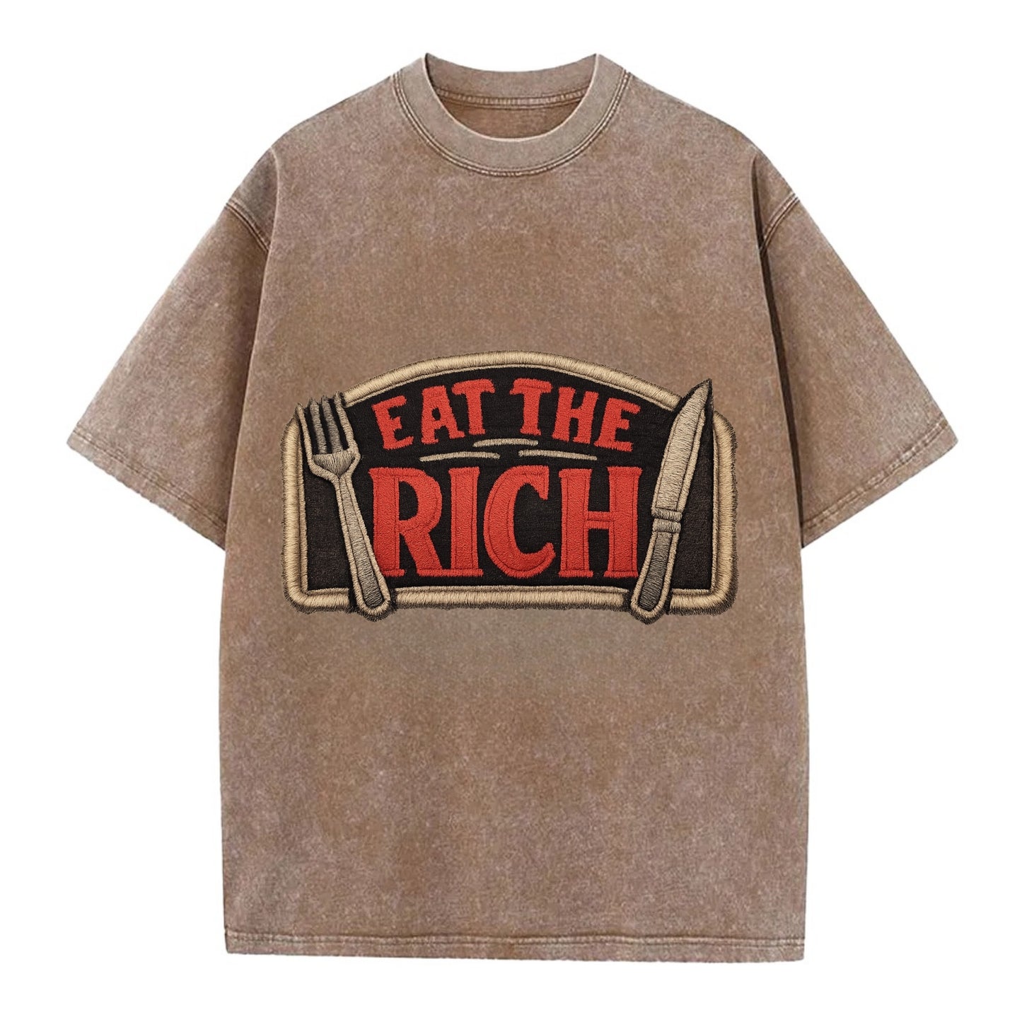 EAT THE RICH - fork and knife with text in red and silver , class war - Vintage T-shirt - Brown