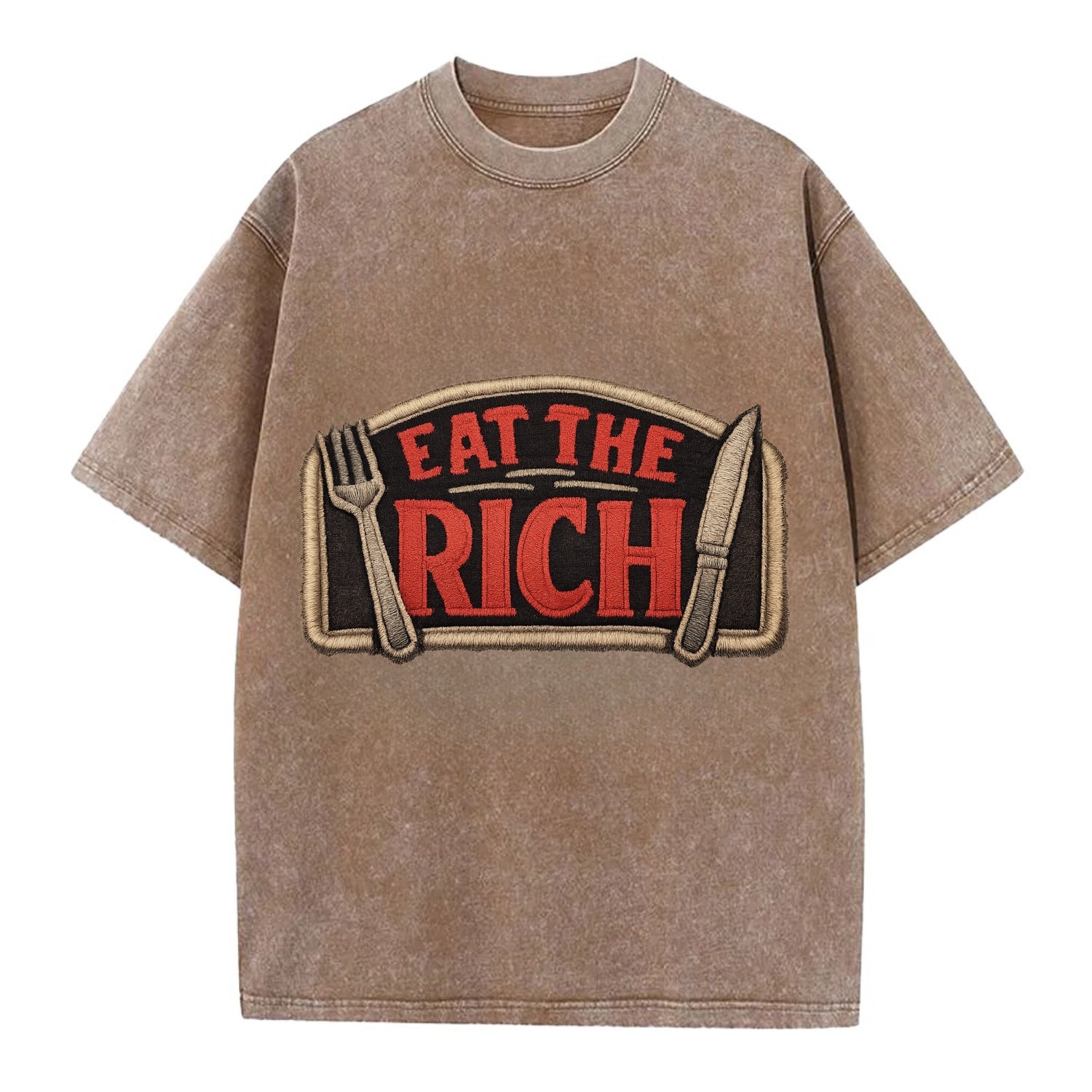 EAT THE RICH - fork and knife with text in red and silver , class war - Vintage T-shirt - Brown