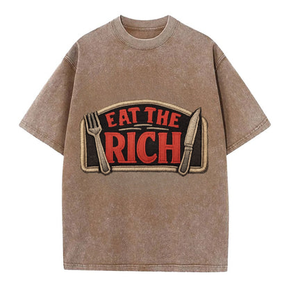 EAT THE RICH - fork and knife with text in red and silver , class war - Vintage T-shirt - Brown