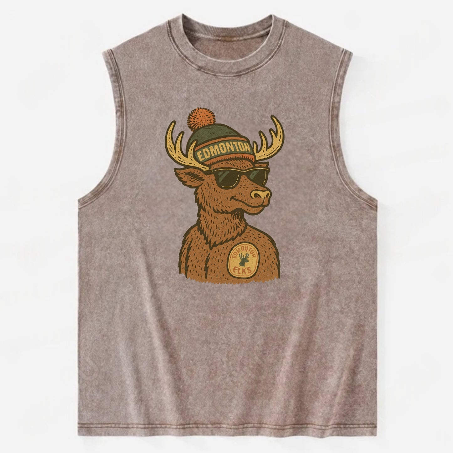Edmonton Elk wearing Edmonton beanie with pom pom and wayfarer sunglasses - Vintage Washed Tank - Brown