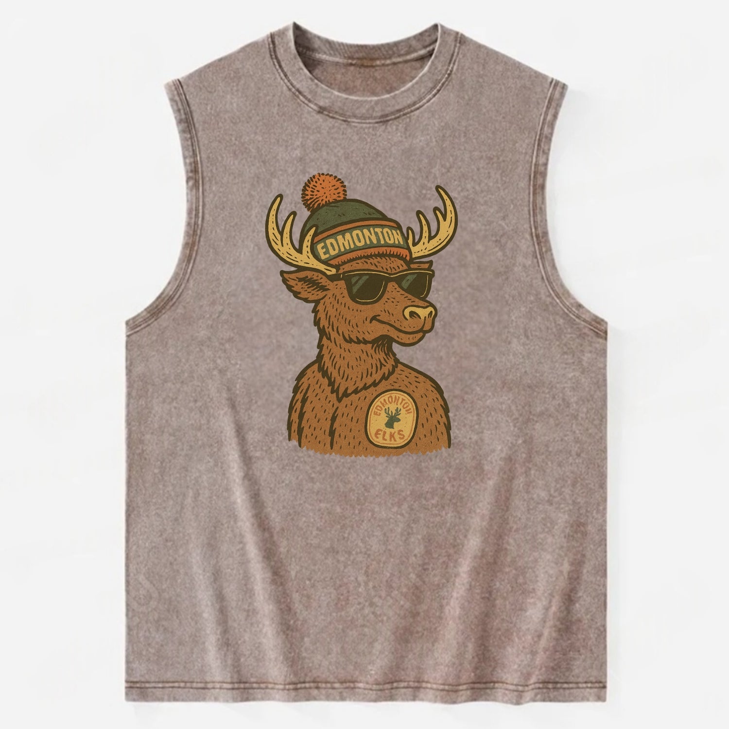 Edmonton Elk wearing Edmonton beanie with pom pom and wayfarer sunglasses - Vintage Washed Tank - Brown