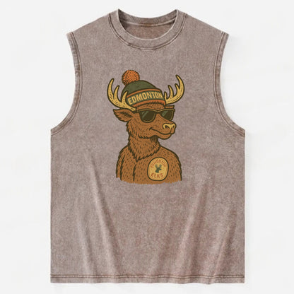 Edmonton Elk wearing Edmonton beanie with pom pom and wayfarer sunglasses - Vintage Washed Tank - Brown