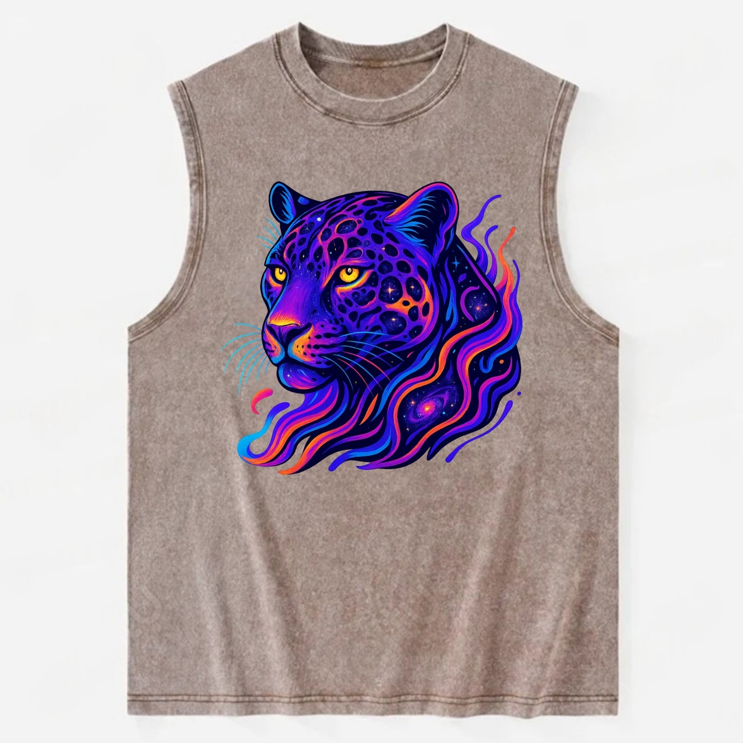 Powerful jaguar with rosettes containing miniature galaxies, cosmic purple - Vintage Washed Tank - Brown