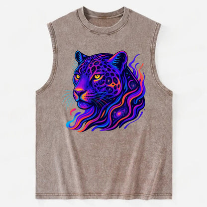 Powerful jaguar with rosettes containing miniature galaxies, cosmic purple - Vintage Washed Tank - Brown